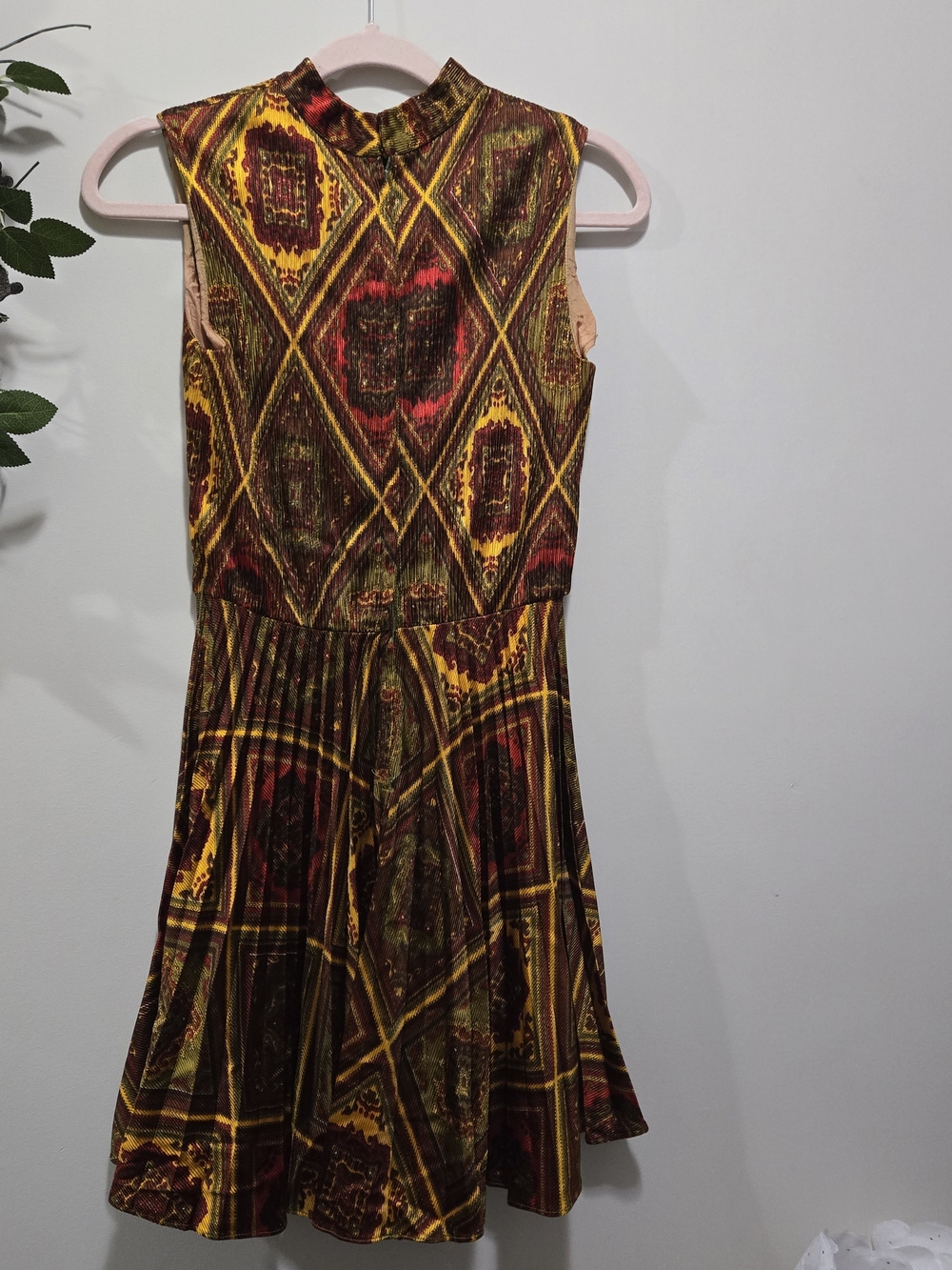 Vintage 70s Pleated Midi Dress in Brown & Gold